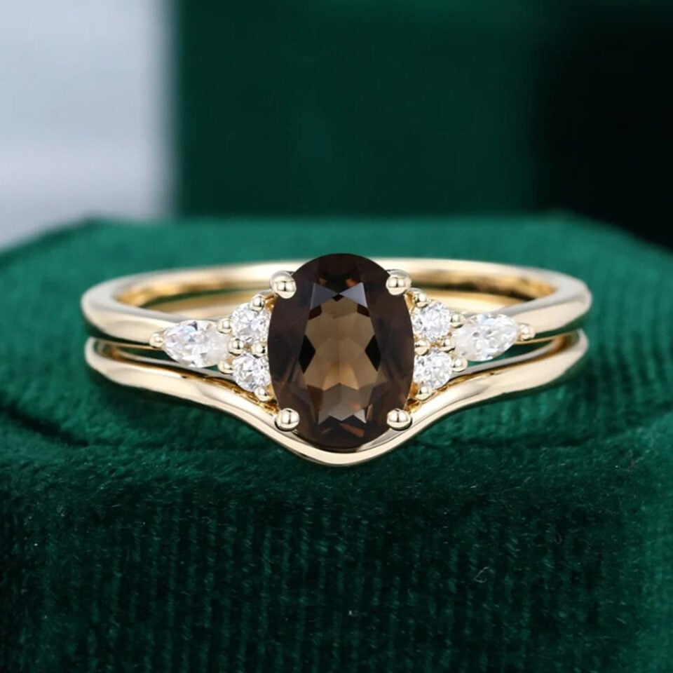 14K Yellow Gold Smoky Quartz Engagement Ring Set