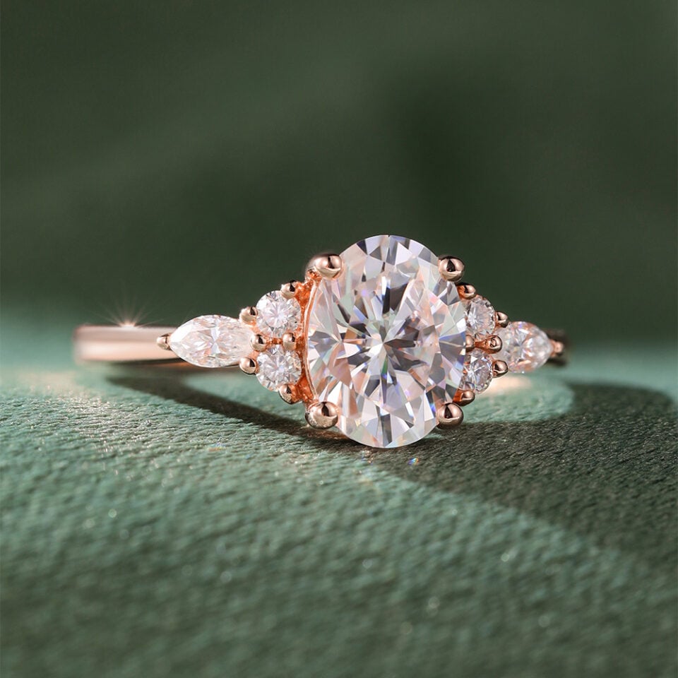 1CT Oval Cut Moissanite Classic Side Stone Engagement Ring