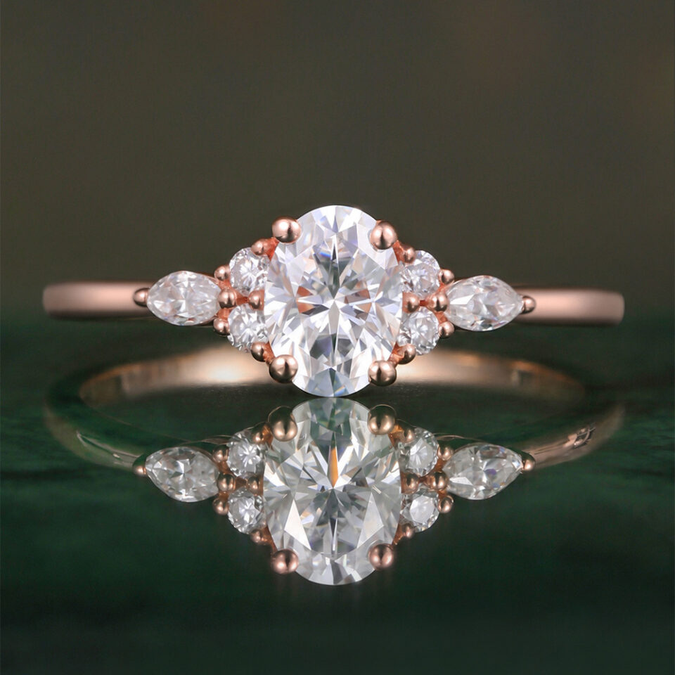 1CT Oval Cut Moissanite Classic Side Stone Engagement Ring