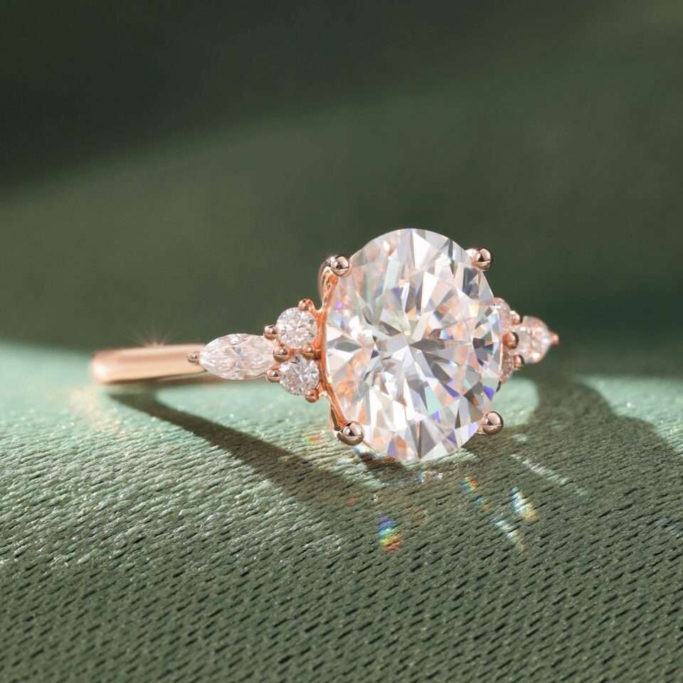 3CT Oval Cut Moissanite Classic Side Stone Engagement Ring (1)