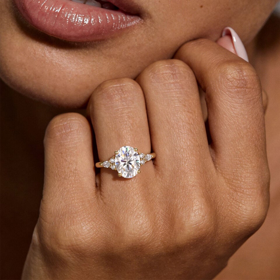 3CT Oval Cut Moissanite Classic Side Stone Engagement Ring