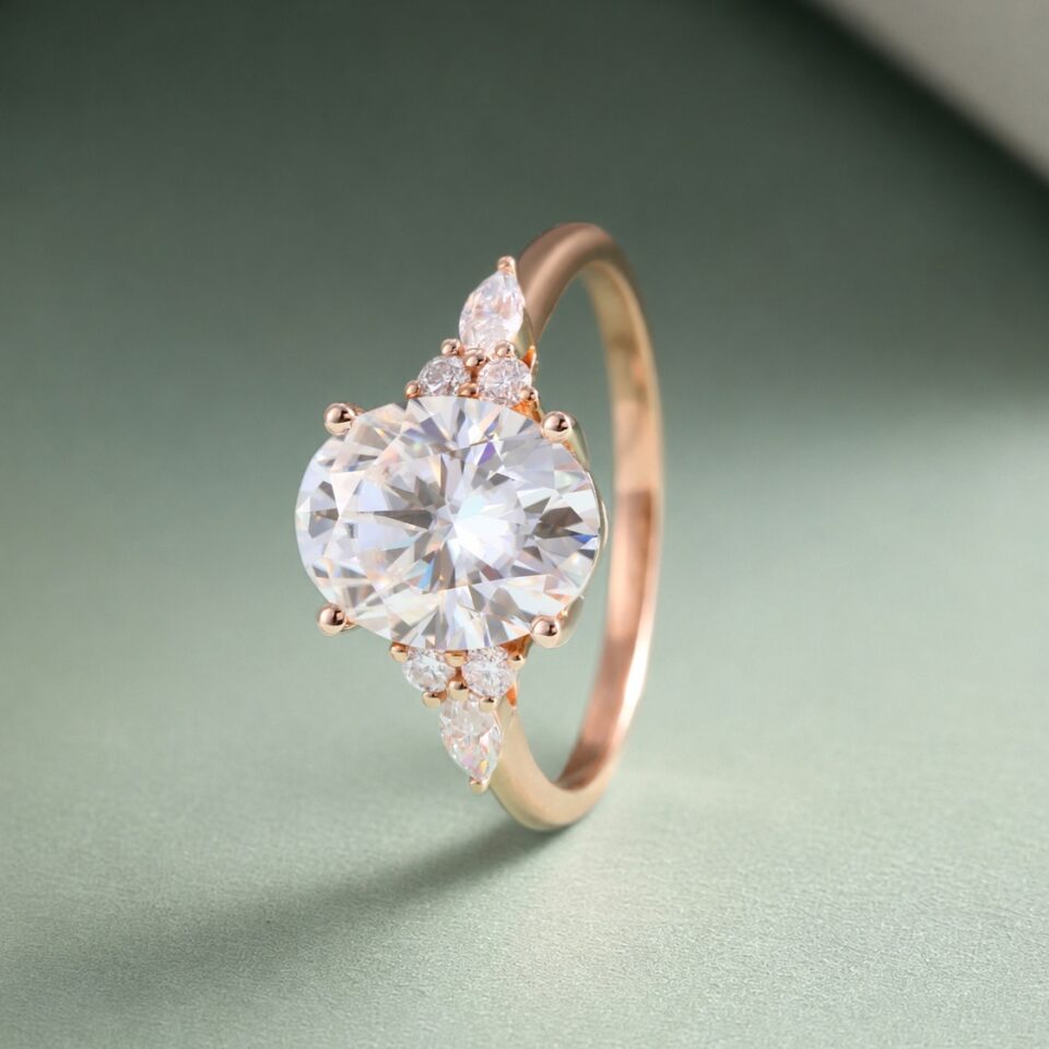 3CT Oval Cut Moissanite Classic Side Stone Engagement Ring (3)