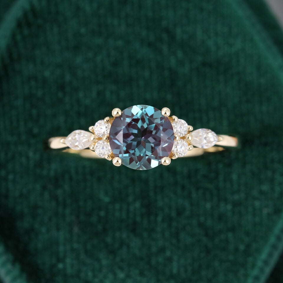Yellow Gold Round Cut Alexandrite and Diamond Engagement Ring