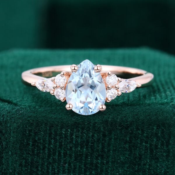Rose Gold Pear Shaped Aquamarine Classic Cluster Engagement Ring