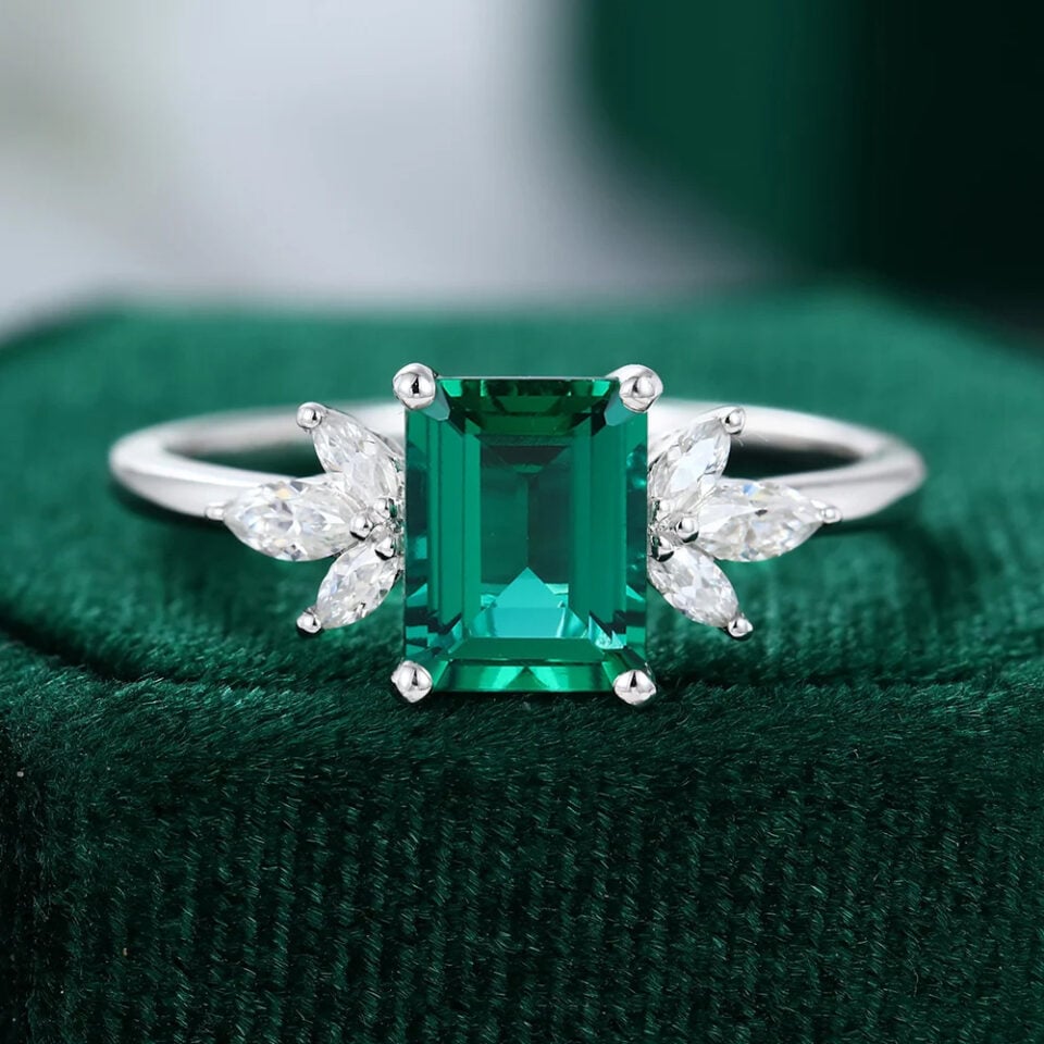 Antique Emerald Cut Emerald Engagement Ring White Gold