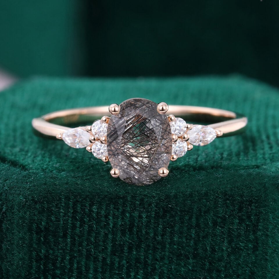 Black Rutilated Quartz With Moissanite Engagement Ring