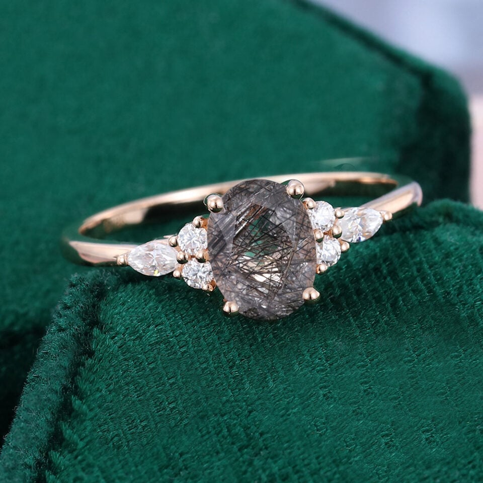 Black Rutilated Quartz With Moissanite Engagement Ring (3)