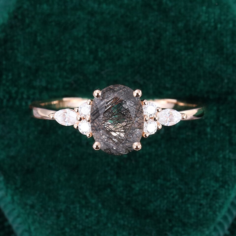 Black Rutilated Quartz With Moissanite Engagement Ring (4)