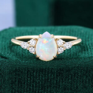 Pear Shaped Natural Opal Engagement Ring with Moissanite Accents