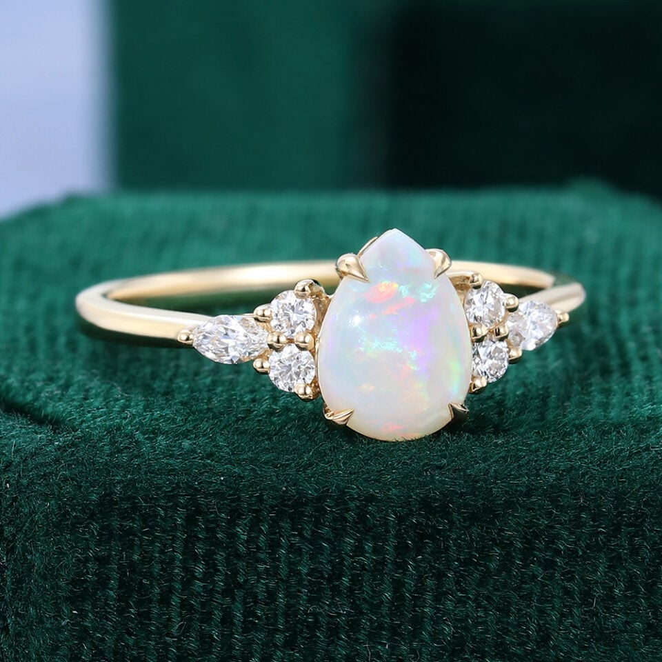 Classic Cluster Pear Shaped Opal Engagement Ring with Moissanite Accents (2)