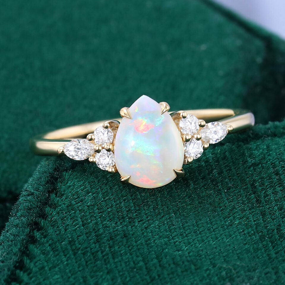 Classic Cluster Pear Shaped Opal Engagement Ring with Moissanite Accents (4)