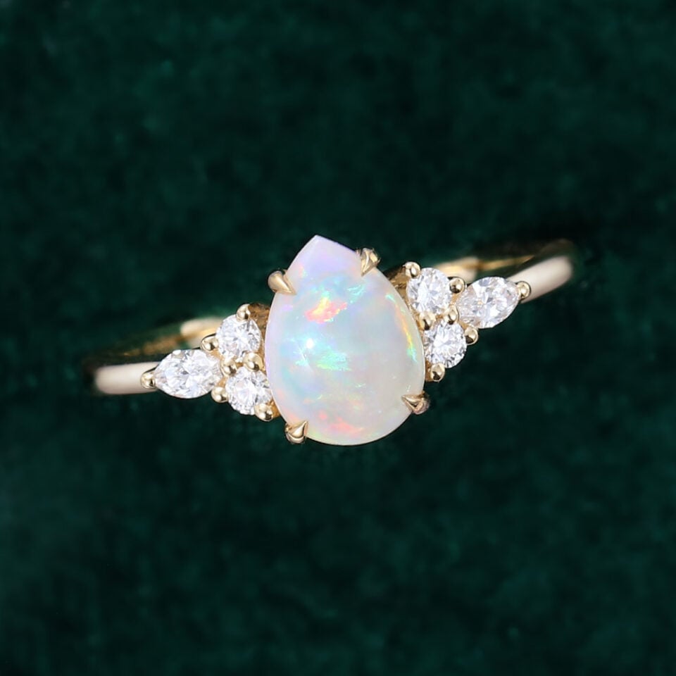 Classic Cluster Pear Shaped Opal Engagement Ring with Moissanite Accents (6)