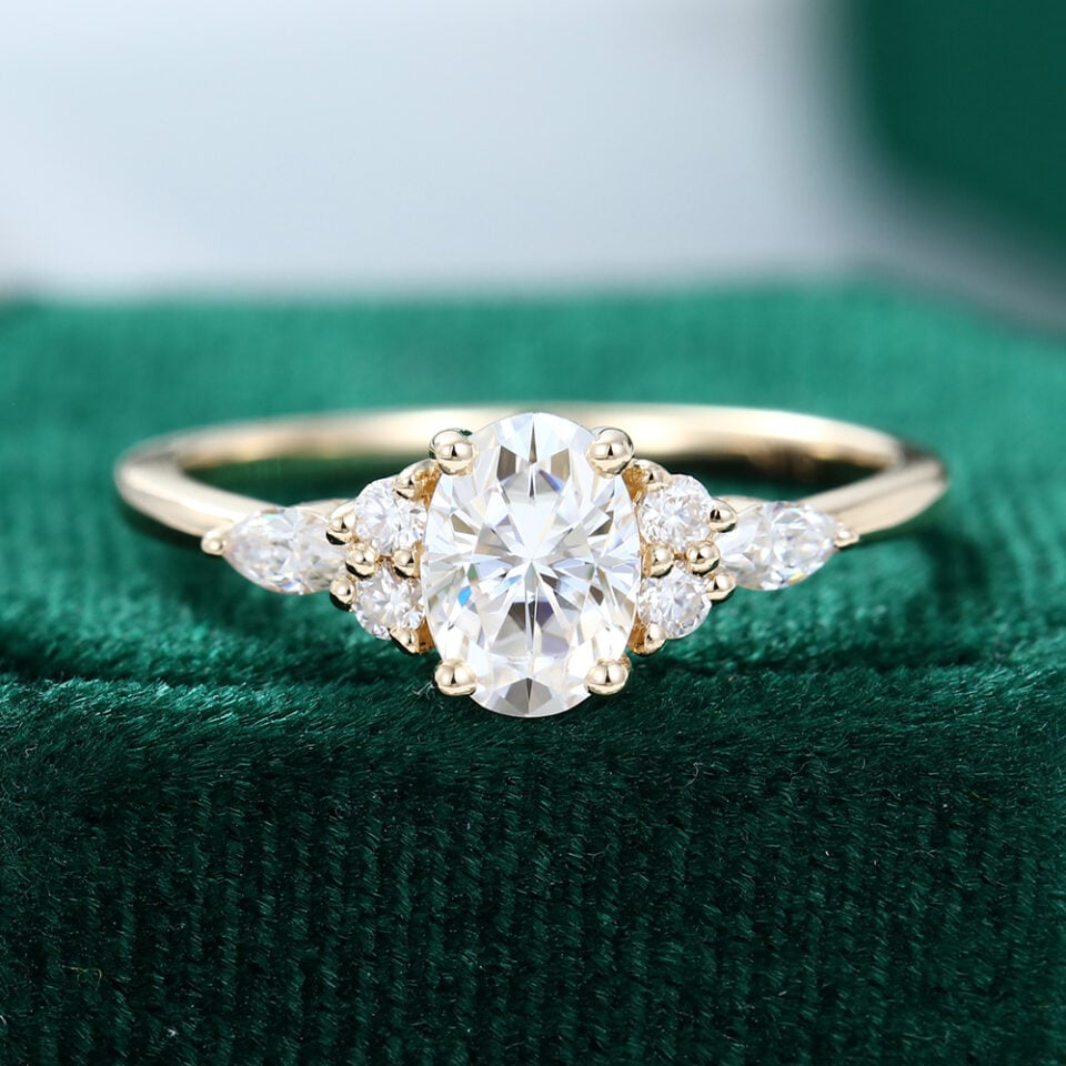 1CT Oval Cut Moissanite Classic Side Stone Engagement Ring