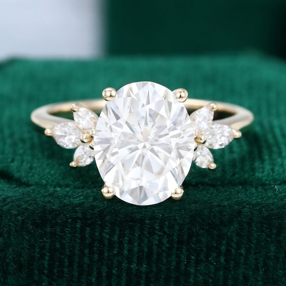 3CT Oval Cut Moissanite Engagement Ring with Marquise Cluster Accents