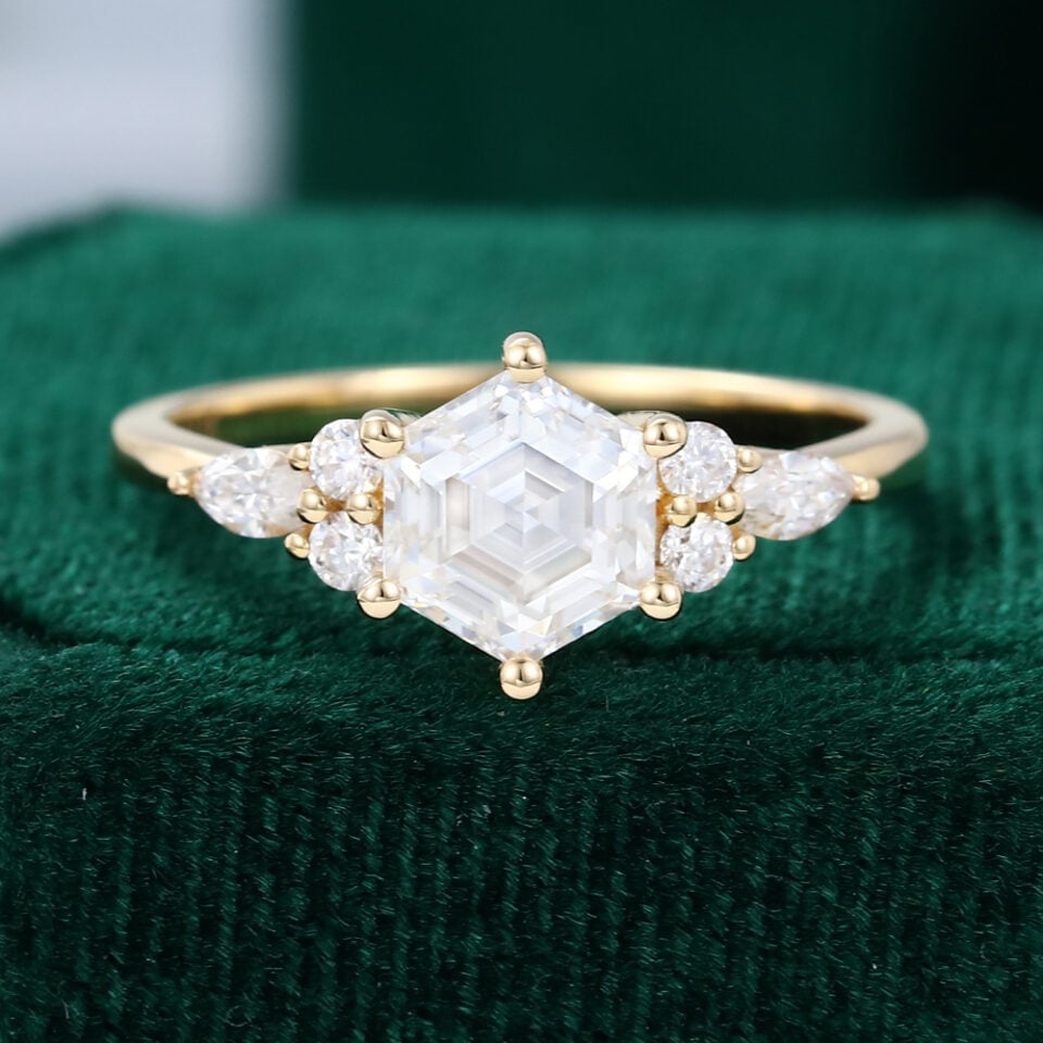 1CT Hexagon Cut Moissanite Engagement Ring In Yellow Gold
