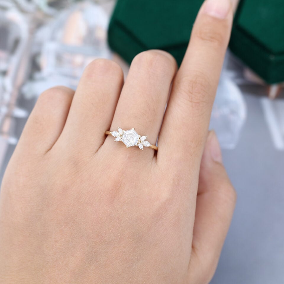 Hexagon cut Moissanite engagement ring yellow gold vintage Unique Marquise Diamond Cluster engagement ring delicate wedding Bridal ring