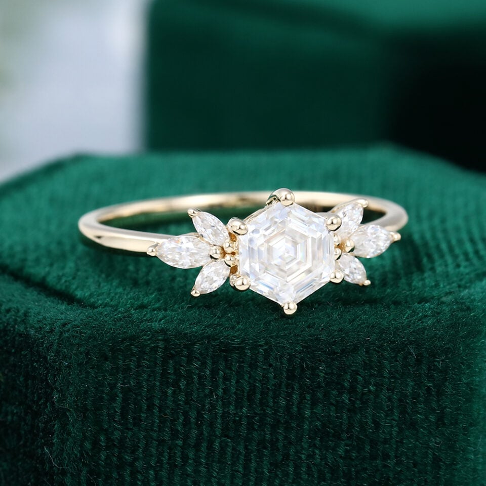 Hexagon cut Moissanite engagement ring yellow gold vintage Unique Marquise Diamond Cluster engagement ring delicate wedding Bridal ring