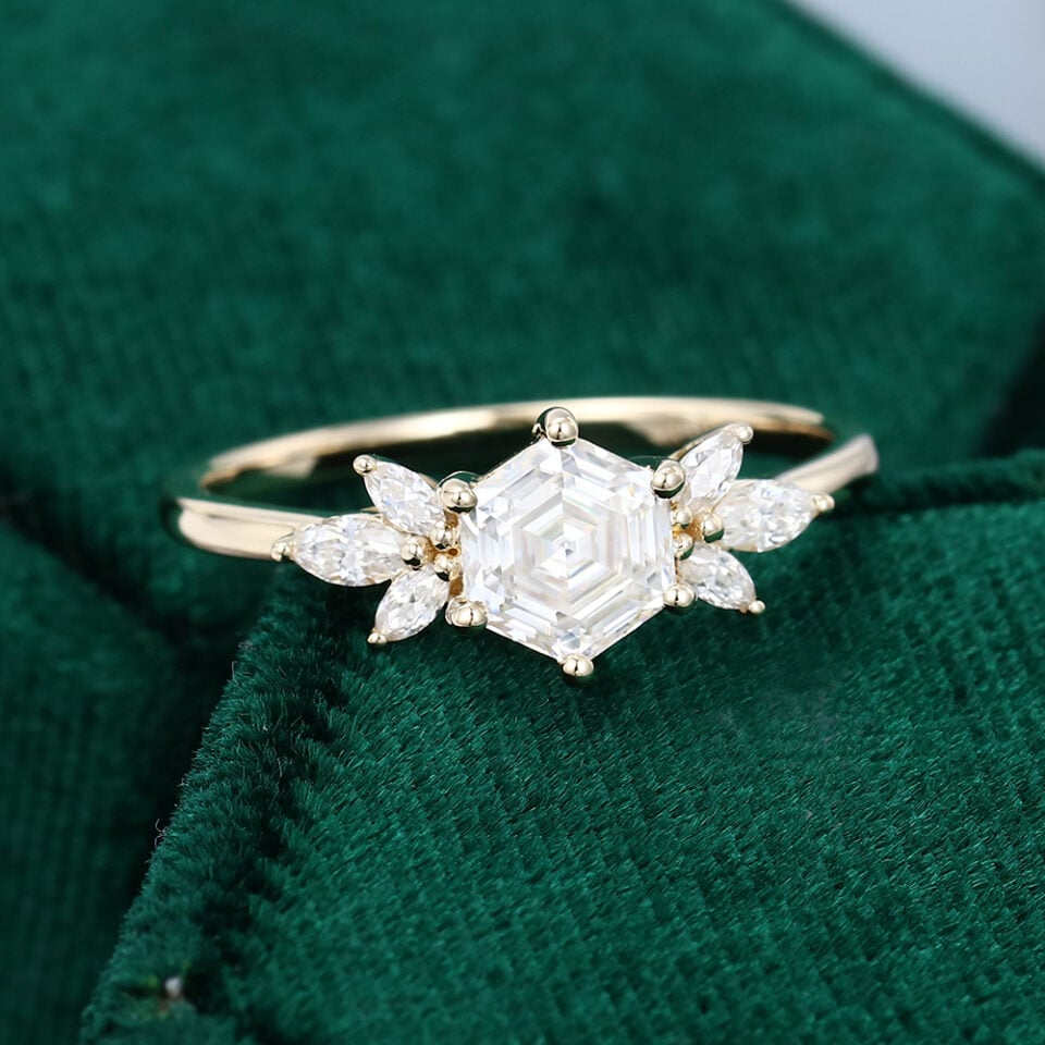 Hexagon cut Moissanite engagement ring yellow gold vintage Unique Marquise Diamond Cluster engagement ring delicate wedding Bridal ring