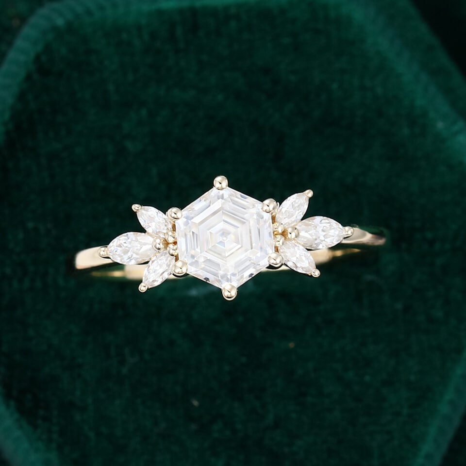 Hexagon cut Moissanite engagement ring yellow gold vintage Unique Marquise Diamond Cluster engagement ring delicate wedding Bridal ring