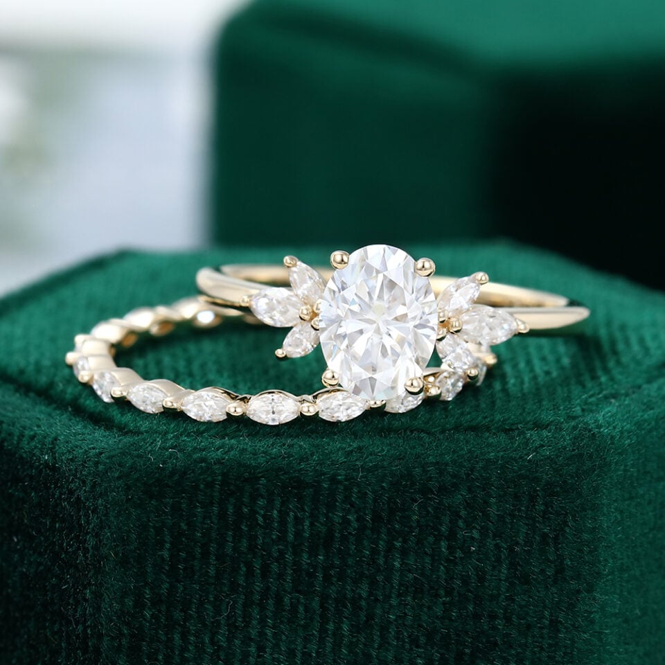 Yellow Gold Oval Moissanite Wedding Set Full Eternity Bridal Ring