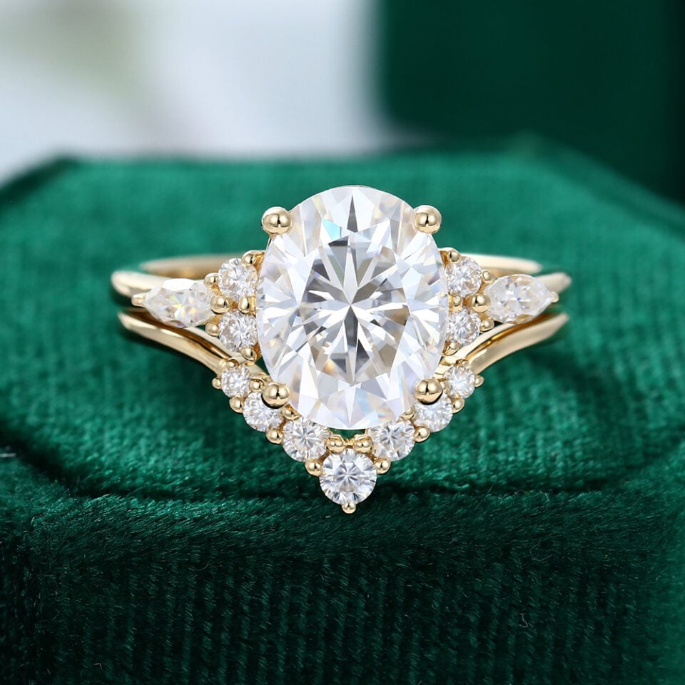 Yellow Gold Oval Cut 3ct Moissanite Bridal Ring Set