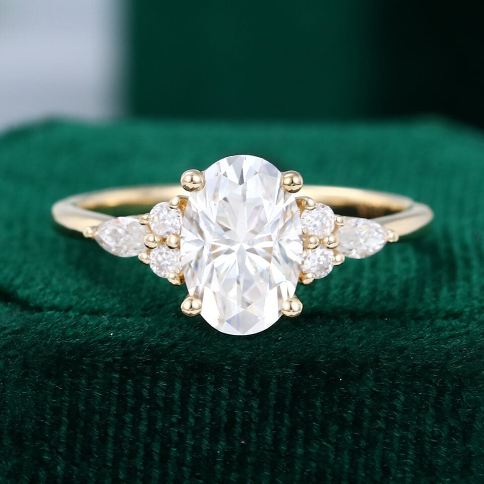 Elongated Oval Cut Moissanite Classic Side Stone Engagement Ring