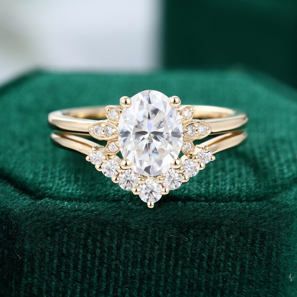 Oval Cut Moissanite Bridal Ring Set In Yellow Gold