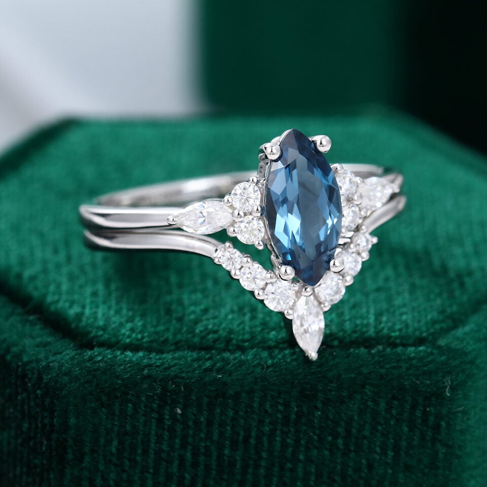 MOLLYJEWELRY Marquise cut London blue topaz Engagement Ring Set