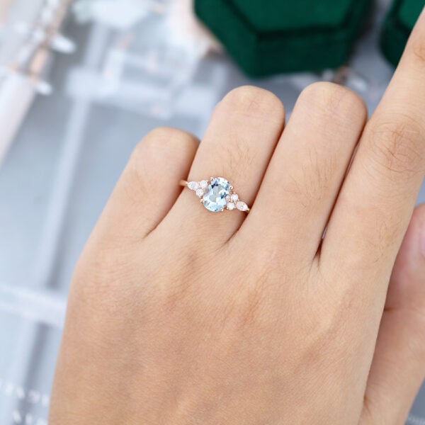 Bague Femme Or Blanc 10K Avec Aquamarine Simulé 2.70TCW & Moissanite - Taille 9 - Fait Main