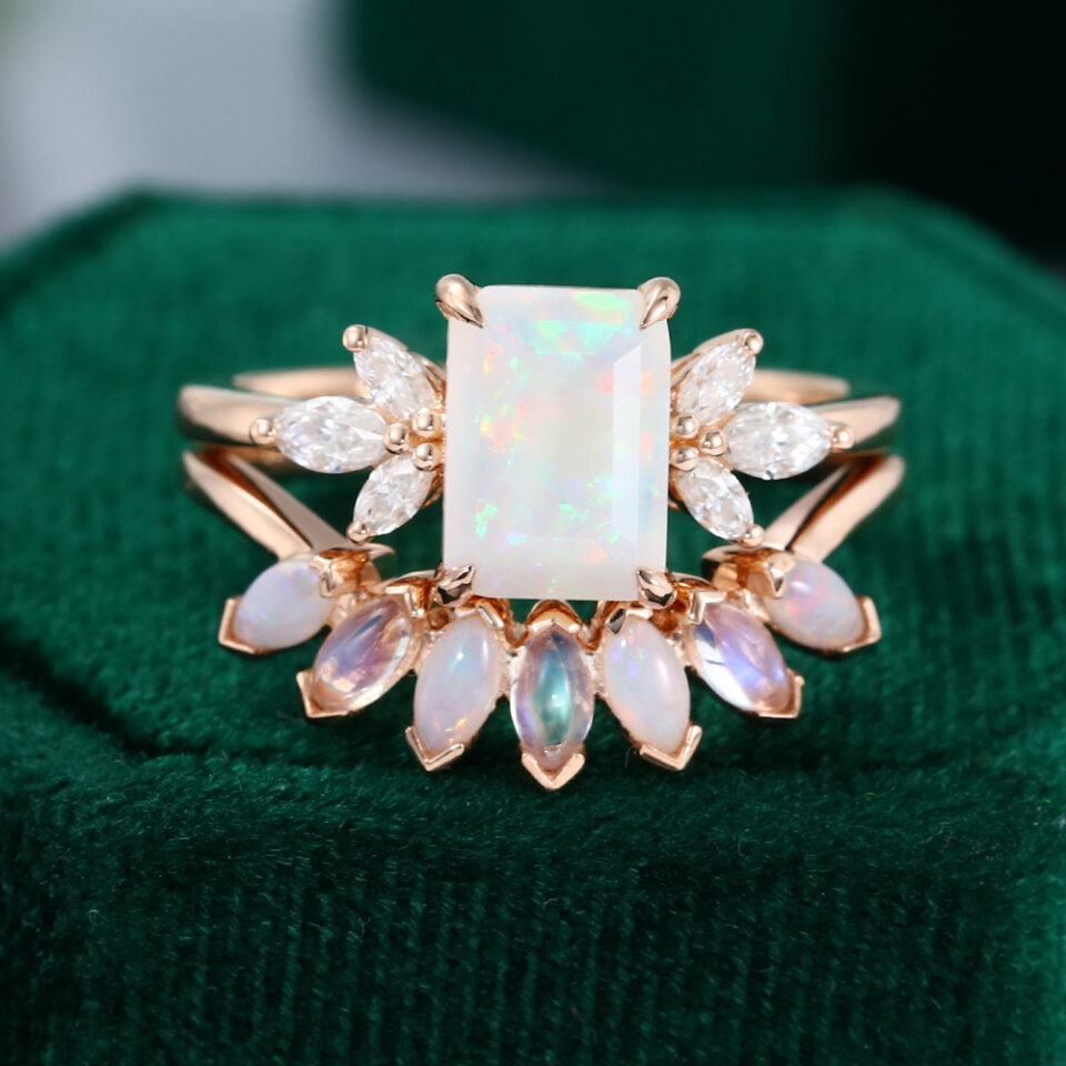 Art Deco Emerald Cut Opal & Moonstone Engagement Ring Set