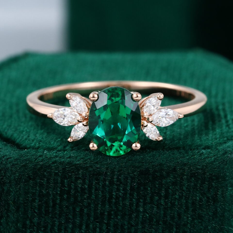 Oval Lab Emerald Engagement Ring With Moissanite Wings Anniversary Gift for Her
