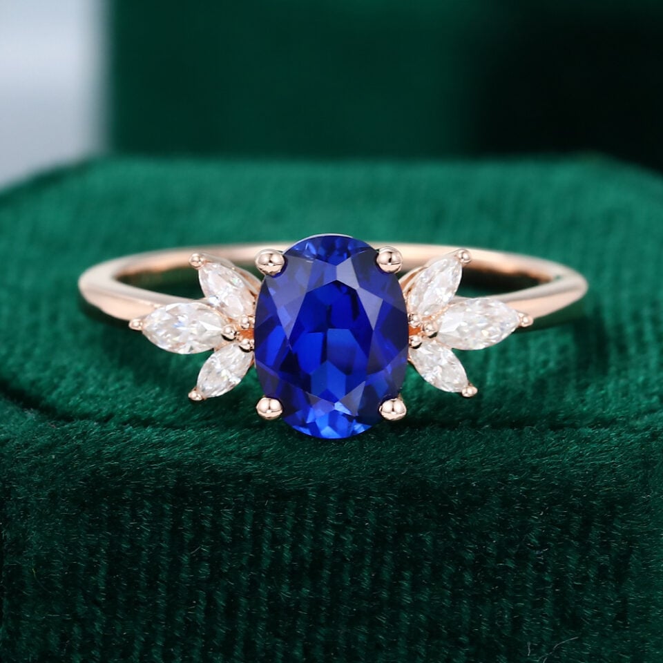 Oval Cut Lab Grown Sapphire Engagement Ring In Rose Gold