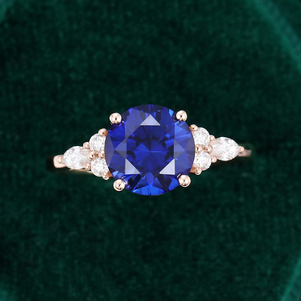 8mm Round Blue Sapphire Ring Rose Gold
