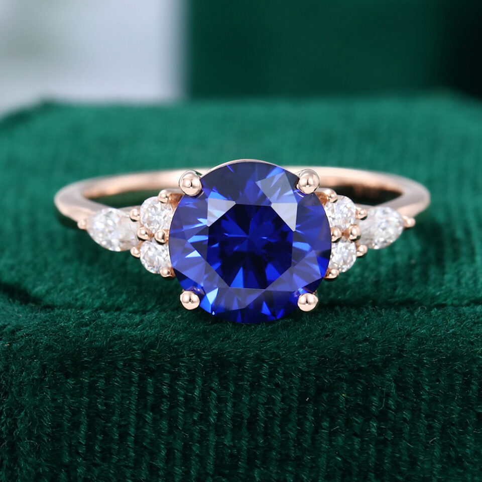 Vintage 8mm Round Blue Sapphire Cluster Engagement Ring in Rose Gold