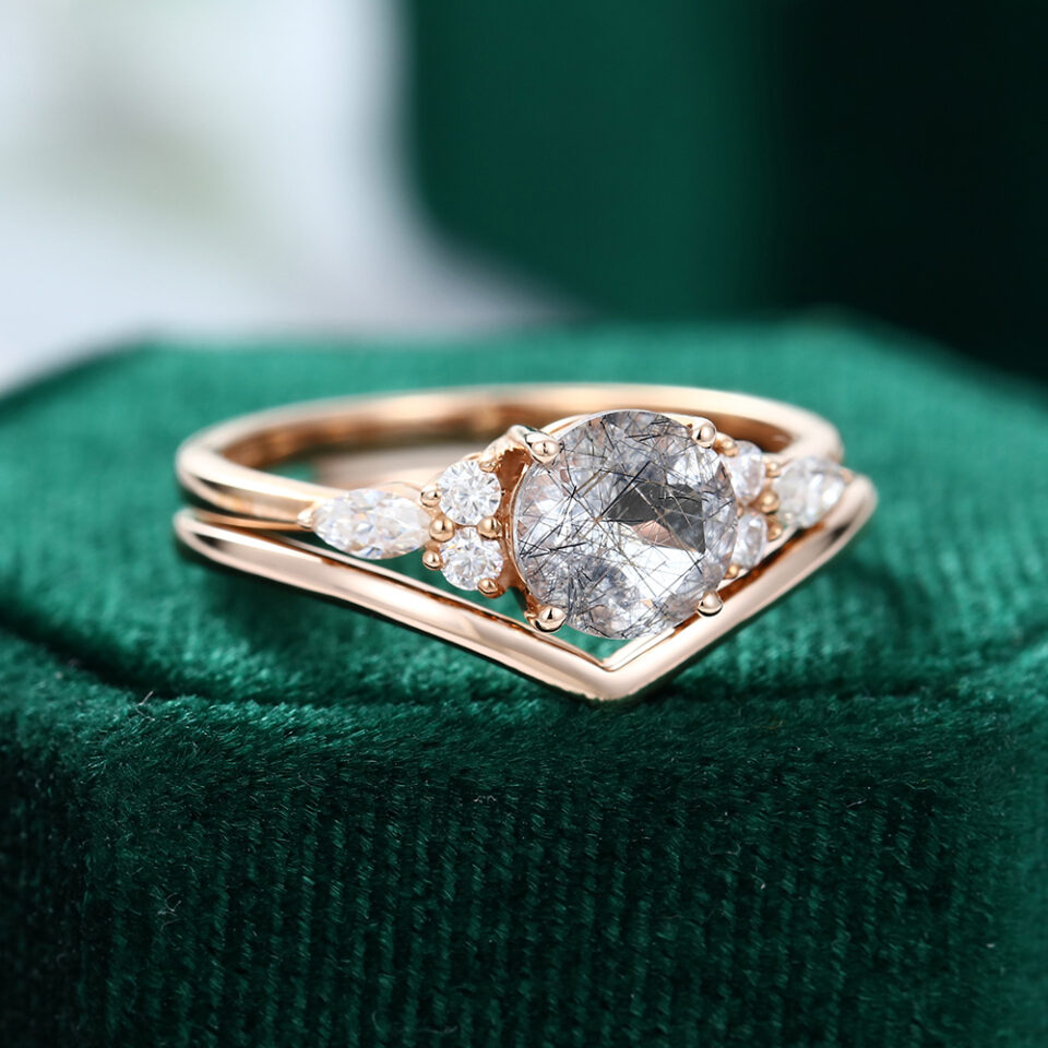 MOLLYJEWELRY Rose gold Black Rutilated Quartz Wedding Set