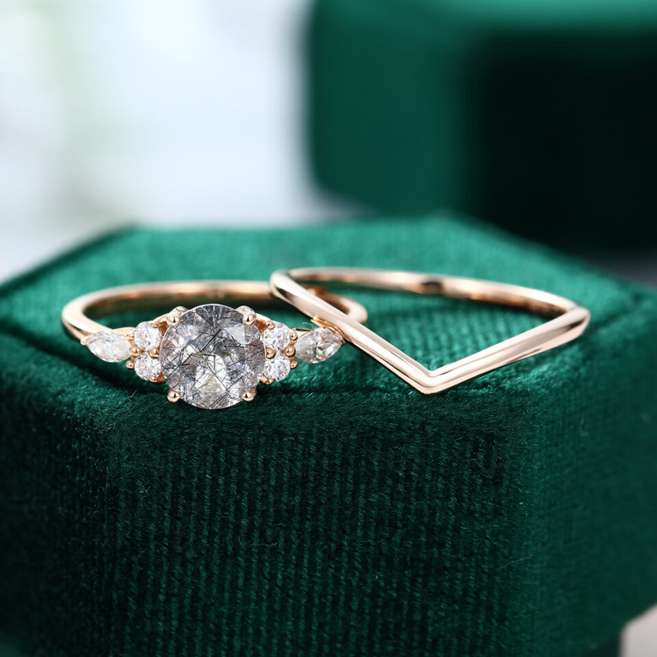 MOLLYJEWELRY Rose gold Black Rutilated Quartz Wedding Set