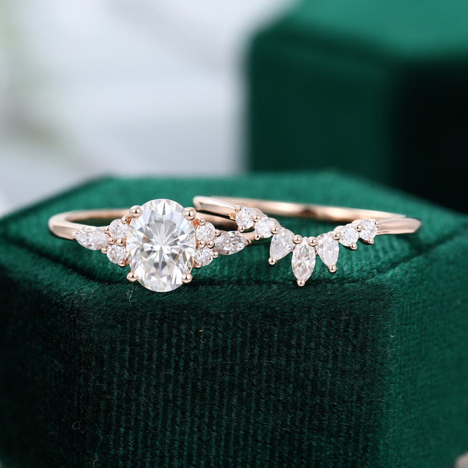 MOLLYJEWELRY Rose gold Oval Moissanite Engagement Ring Set