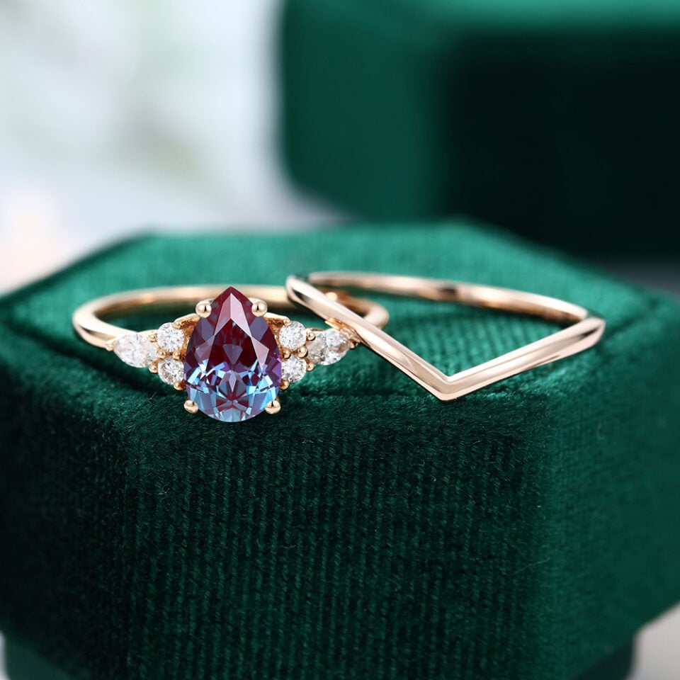 Pear Shaped Alexandrite Cluster Engagement Ring Set For Her