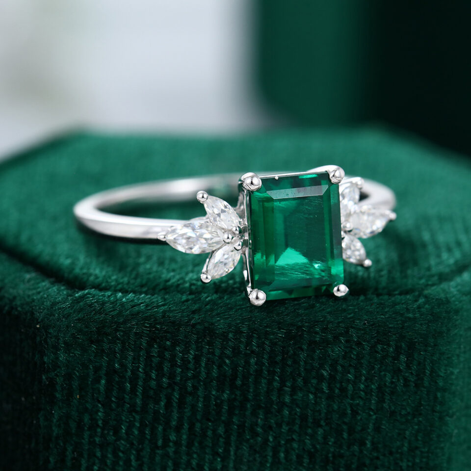 White Gold Emerald Engagement Ring for Women Anniversary Ring