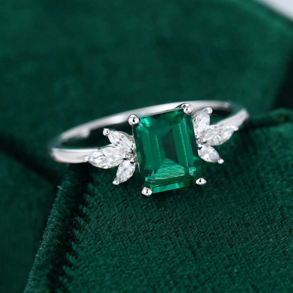 White Gold Emerald Cut Emerald Ring for Engagement