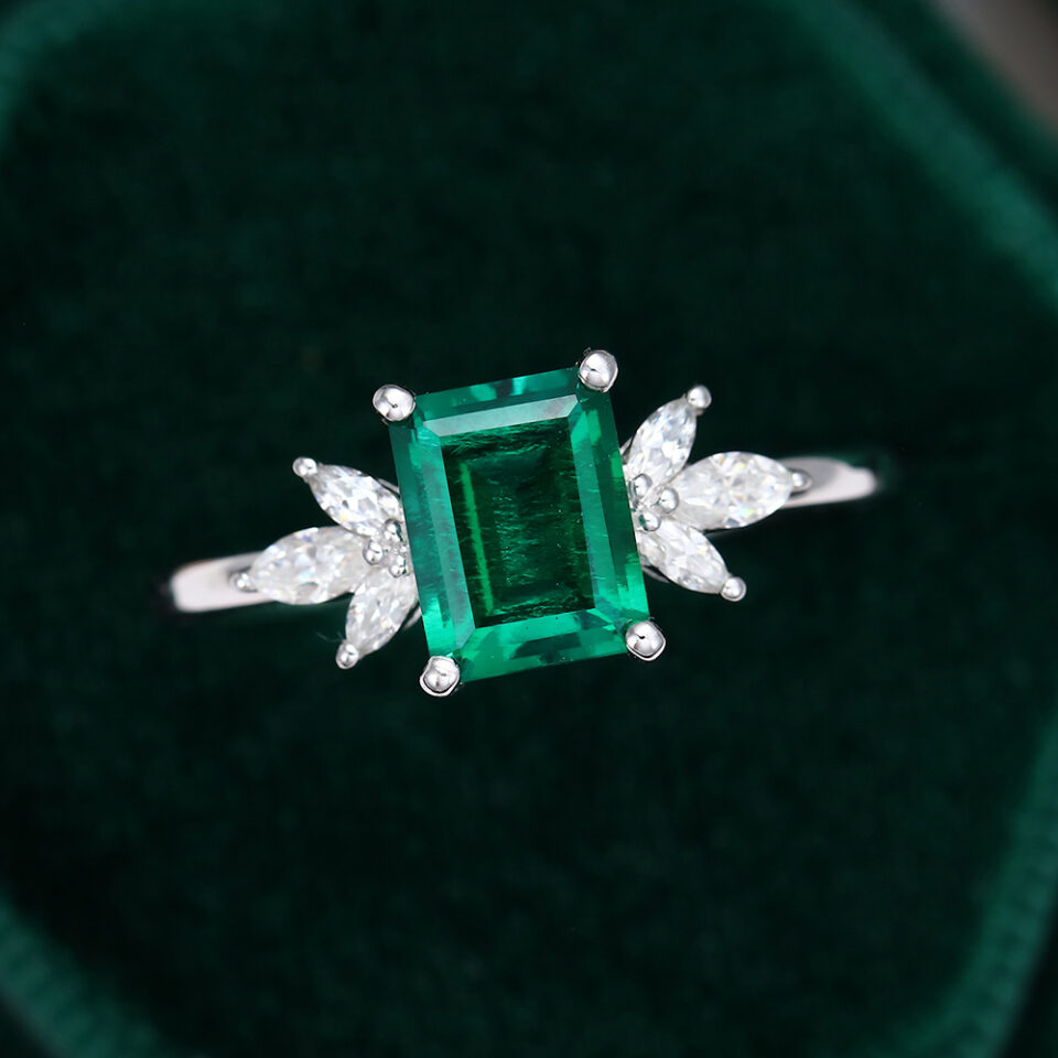 White Gold Lab Emerald Cut Emerald Engagement Ring