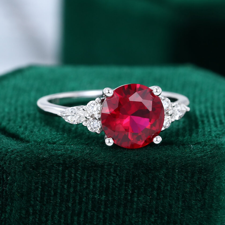 MOLLYJEWELRY White Gold Lab Ruby Engagement Ring