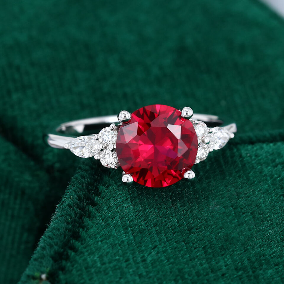 MOLLYJEWELRY White Gold Lab Ruby Engagement Ring