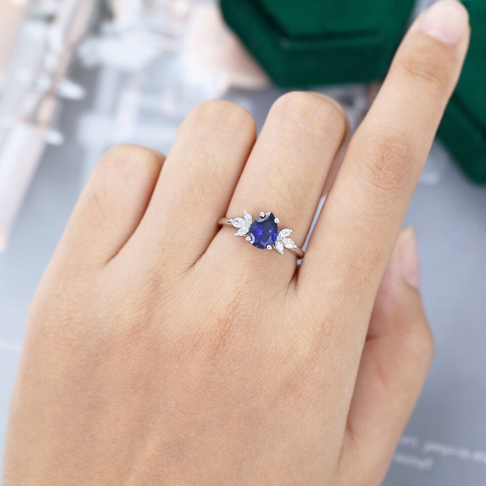 Pear Shaped Blue Sapphire Engagement Ring in White Gold