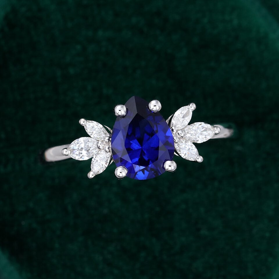 Pear Shaped Blue Sapphire Diamond Engagement Ring in White Gold