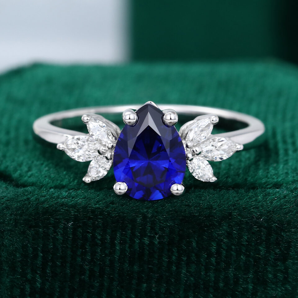 Unique Pear Cut Blue Sapphire Diamond Engagement Ring in White Gold