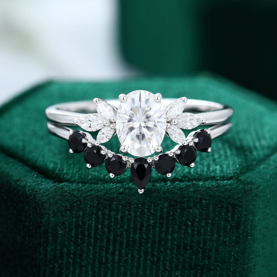 Art Deco Moissanite Engagement Ring & Black Onyx Wedding Band Bridal Set