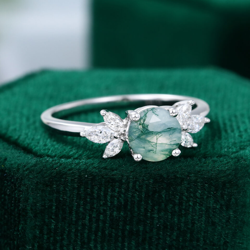 MOLLYJEWELRY White Gold Moss Agate Engagement Ring