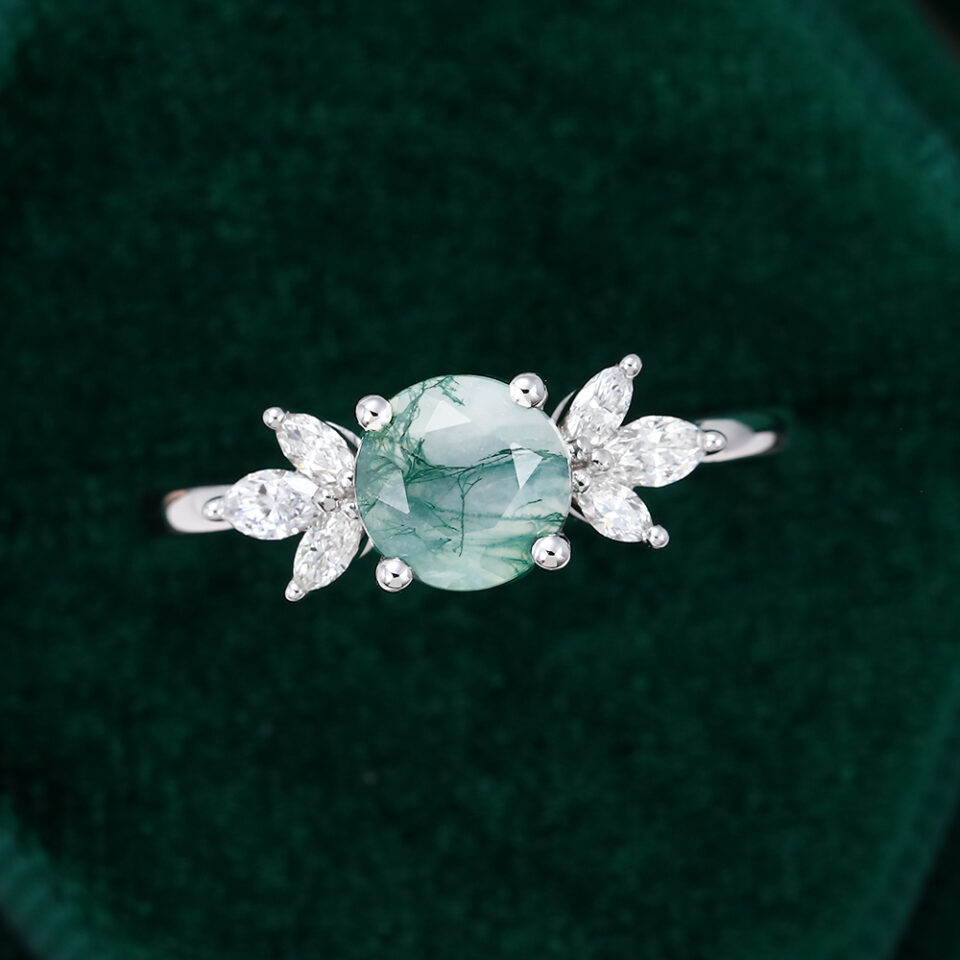 MOLLYJEWELRY White Gold Moss Agate Engagement Ring