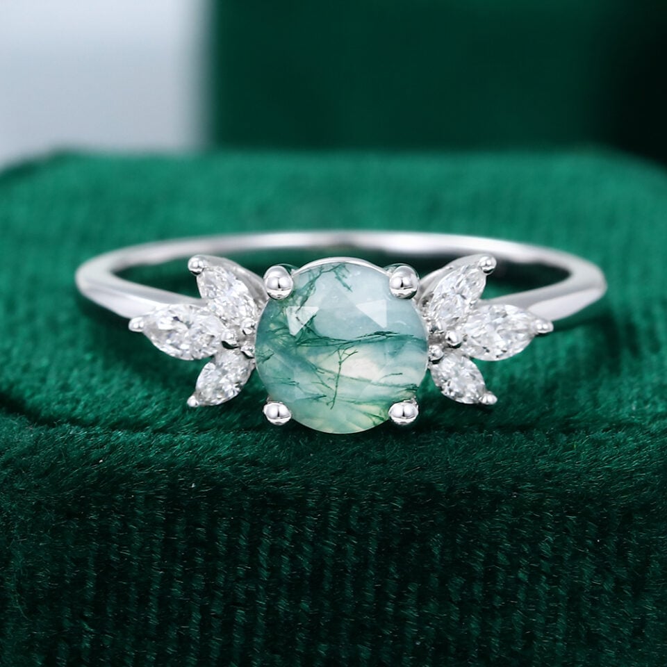 MOLLYJEWELRY White Gold Moss Agate Engagement Ring